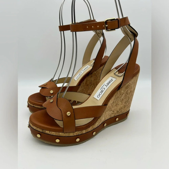 $795 Jimmy Choo Women's Cognac Drya Studded Wedge Sandal Shoes Size EU 38 - Picture 9 of 16